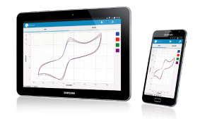 Shows an Android tablet and a mobile phone with a CV graph. Both are running PSTouch, PalmSens's electrochemnistry app for Android